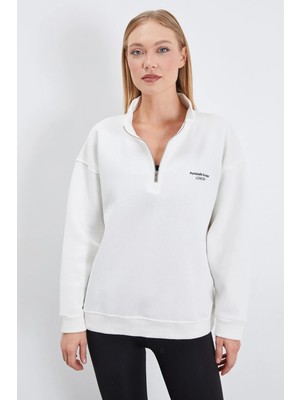 FullaModa 3 Iplik London Baskılı Yarım Fermuarlı Sweatshirt