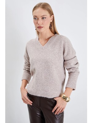 FullaModa Basic V Yaka Oversize Triko Kazak