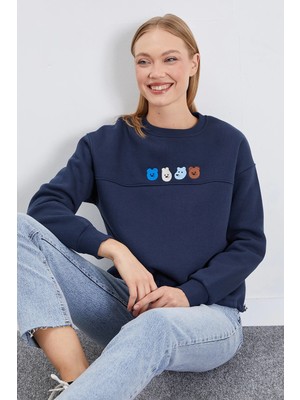 FullaModa 3 Iplik Ayıcık Nakışlı Stoperli Oversize Sweatshirt