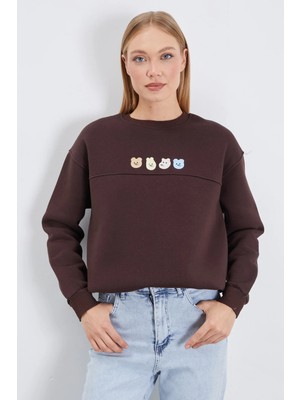 FullaModa 3 Iplik Ayıcık Nakışlı Stoperli Oversize Sweatshirt