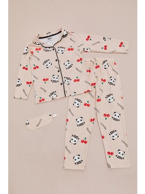 FullaModa Panda Baskılı Uyku Bantlı Kız Çocuk 3 Lü Pijama Takımı
