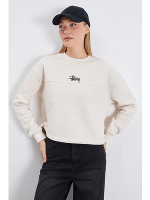 FullaModa 3 Iplik Imza Nakışlı Stoperli Oversize Sweatshirt