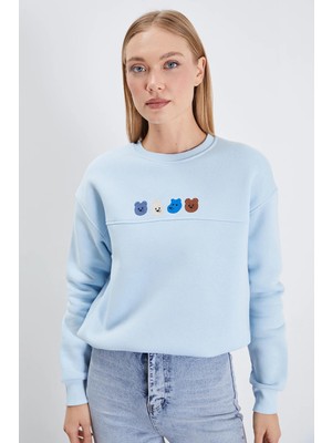 FullaModa 3 Iplik Ayıcık Nakışlı Stoperli Oversize Sweatshirt