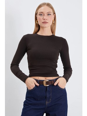 FullaModa Basic Bisiklet Yaka Slim Fit Crop Bluz