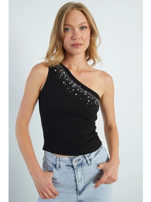 FullaModa Taşlı Tek Omuz Slim Fit Bluz