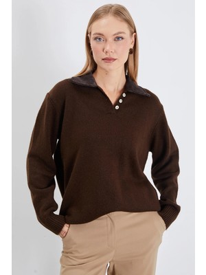 FullaModa Kadife Polo Yaka Triko Kazak