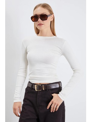 FullaModa Basic Bisiklet Yaka Slim Fit Crop Bluz
