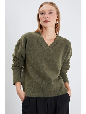 FullaModa Basic V Yaka Oversize Triko Kazak