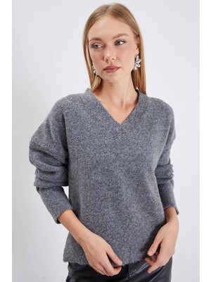 FullaModa Basic V Yaka Oversize Triko Kazak