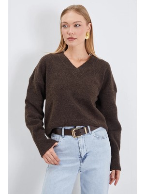 FullaModa Basic V Yaka Oversize Triko Kazak