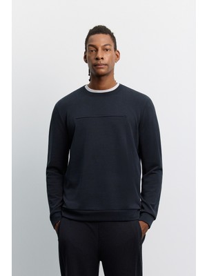 AVVA Erkek Siyah Bisiklet Yaka Gofre Baskılı Cupra Sweatshirt A62Y1200