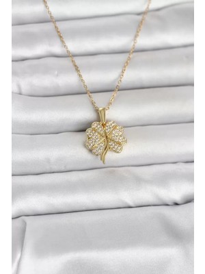 Uslucan Alışveriş 316L Çelik Gold Renk Açılabilir Yonca Model Zirkon Taşlı Kadın Kolye - TJ-BKO11048