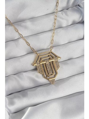 Uslucan Alışveriş 316L Çelik Zincir Gold Renk Zirkon Taşlı Serenay Kolyesi - TJ-BKO8915