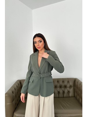 Moda Days Kadın Haki Ceket Yaka Kapak Cepli Tokalı Kemerli Uzun Kollu Düz Dokuma