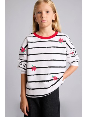 DeFacto Relax Fit Çizgili Çiçekli Bisiklet Yaka Uzun Kollu Sweatshirt Kız Çocuk I4151A826AU