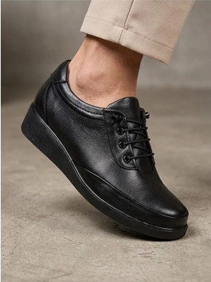BEREN Hakiki Deri Kadın Ayakkabı Ortopedik Dolgu Taban Düz Esnek Bağcıklı Comfort Casual Sneaker