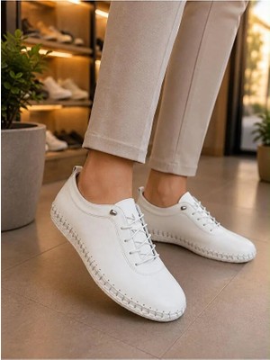 BEREN Hakiki Deri Kadın Ayakkabı Ortopedik Taban Düz Esnek Bağcıklı Comfort Casual Günlük Sneaker