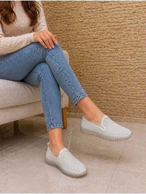 BEREN Hakiki Deri Kadın Ayakkabı Lazer Delikli Ortopedik Taban Slip-On Casual Günlük Yürüyüş Ayakkabısı