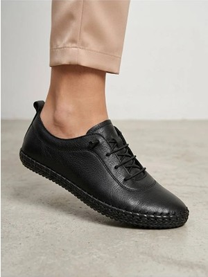 BEREN Hakiki Deri Kadın Ayakkabı Ortopedik Taban Düz Esnek Bağcıklı Comfort Casual Günlük Sneaker