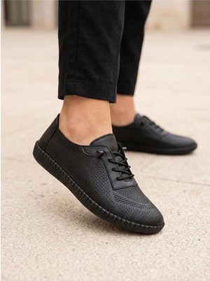 BEREN Hakiki Deri Kadın Yürüyüş Ayakkabı Lazer Delikli Ortopedik Taban Elastik Bağcıklı Comfort Sneaker