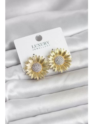 Uslucan Alışveriş Papatya Model Zirkon Taşlı Pirinç Gold Renk Kadın Küpe - TJ-BKP11779