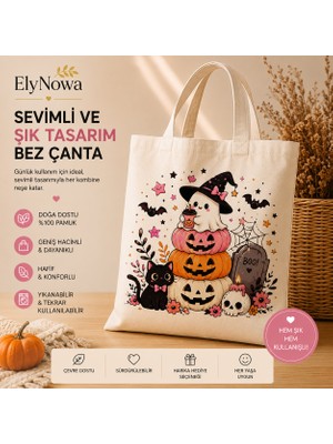 ElyNowa Halloween Temalı Hayalet ve Balkabağı Baskılı Bez Çanta – Sevimli Kedi Desenli Pamuklu Omuz Çantası