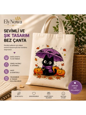 ElyNowa Halloween Temalı Siyah Kedi Baskılı Bez Çanta – Sevimli Balkabağı ve Şemsiye Tasarımlı Pamuklu Omuz Çantası