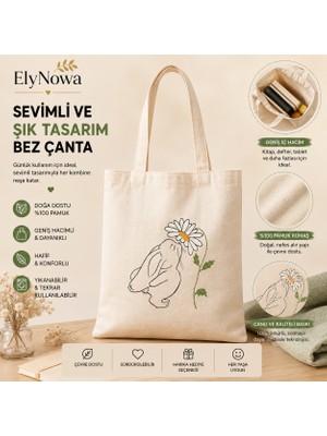 ElyNowa Papatya Koklayan Sevimli Tavşan Baskılı Bez Çanta – Minimal Çiçek Desenli Pamuklu Omuz Çantası