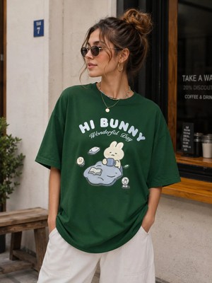 Enb1r Moda Kadın Baskılı Yarım Oversize Baskılı Günlük T-Shirt