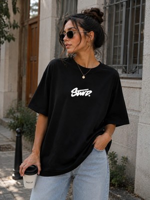 Enb1r Moda Unisex Basic Regular Kalıp Bisiklet Yaka Kısa Kollu Detay Baskılı Günlük Tişört