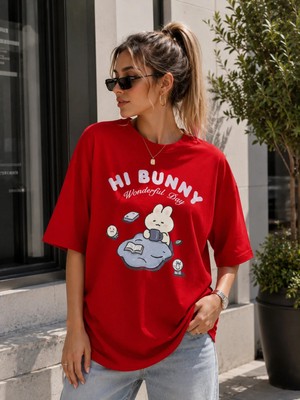 Enb1r Moda Kadın Baskılı Yarım Oversize Baskılı Günlük T-Shirt