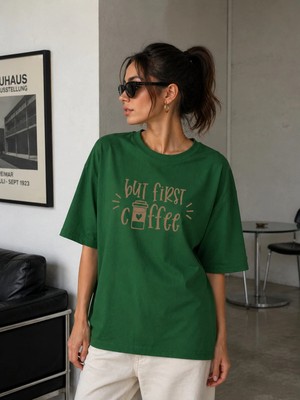 Enb1r Moda Kadın Baskılı Yarım Oversize Baskılı Günlük T-Shirt