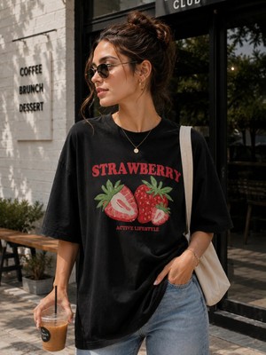 Enb1r Moda Kadın Baskılı Yarım Oversize Baskılı Günlük T-Shirt