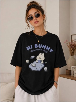 Enb1r Moda Kadın Baskılı Yarım Oversize Baskılı Günlük T-Shirt