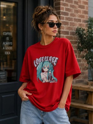 Enb1r Moda Kadın Baskılı Yarım Oversize Baskılı Günlük T-Shirt