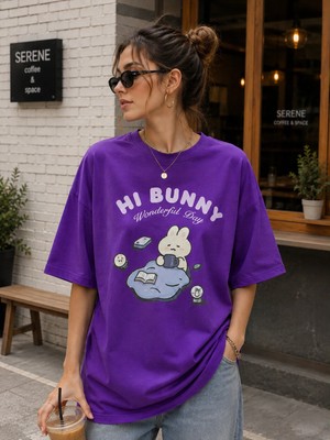Enb1r Moda Kadın Baskılı Yarım Oversize Baskılı Günlük T-Shirt