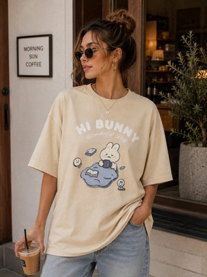 Enb1r Moda Kadın Baskılı Yarım Oversize Baskılı Günlük T-Shirt