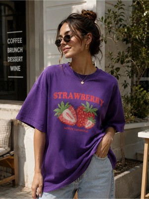 Enb1r Moda Kadın Baskılı Yarım Oversize Baskılı Günlük T-Shirt