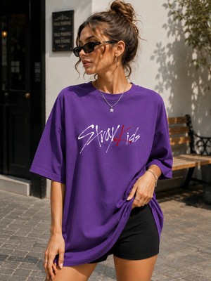 Enb1r Moda Kadın Baskılı Yarım Oversize Baskılı Günlük T-Shirt