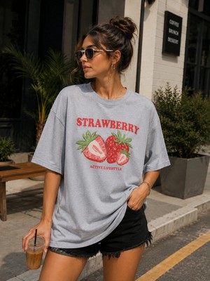Enb1r Moda Kadın Baskılı Yarım Oversize Baskılı Günlük T-Shirt