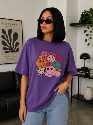 Enb1r Moda Kadın Baskılı Yarım Oversize Baskılı Günlük T-Shirt