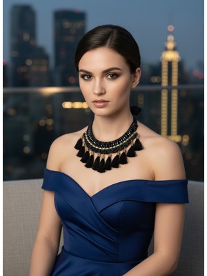 Moda Accessories Siyah Püsküllü Bohem Kolye – Gold Detaylı Etnik Tasarım Şık Kadın Abiye & Davet Kolyesi
