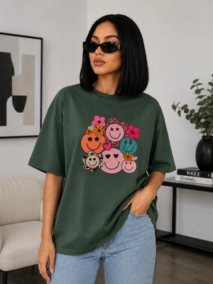 Enb1r Moda Kadın Baskılı Yarım Oversize Baskılı Günlük T-Shirt
