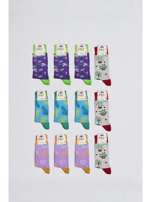 Pro Plants Unisex Pamuklu Çorap 12'li Renkli Desenli Günlük Çorap
