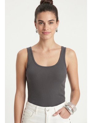 Ritnice Kadın Cotton Premium Doku Antrasit Pamuklu Basic Fitilli Atlet