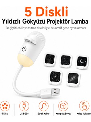 Ayers 5 Diskli Yıldızlı Gökyüzü Projeksiyon Gece Lambası, USB Esnek Başlıklı Tavana Yansıtma Projektör, Çocuk Odası ve Masaüstü Dekoratif Gece Işığı