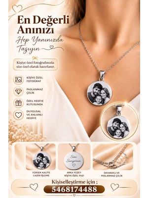 Satürn Silver Kuyumculuk Kişiye Özel Fotoğraflı Çelik Kolye | Lazer Kazımalı Fotoğraf Kolye | Anı Kolyesi