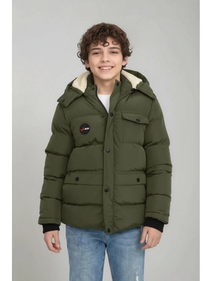 The Jojo Design Erkek Çocuk Kışlık Polar Astarlı Kalın Elyaf Dolgulu Su Geçirmez Kapüşonlu Haki Mont Kaban