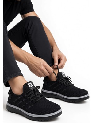 Mcdark Erkek Triko Örme Faylon Taban Sneaker Yürüyüş Ayakkabısı-Siyah Füme