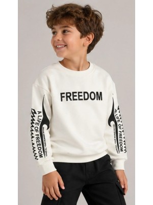 Erkek Çocuk /kız Çocuk Önü Kolları Freedom Yazılı Beyaz Oversize Kalıp Sweatshirt